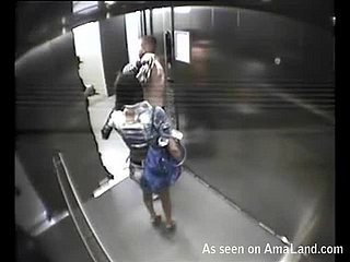 Brune chaude se jette sur daughter petit ami dans l'ascenseur